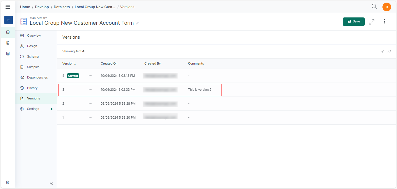 data sets versions tab edit comment dialog list view.png