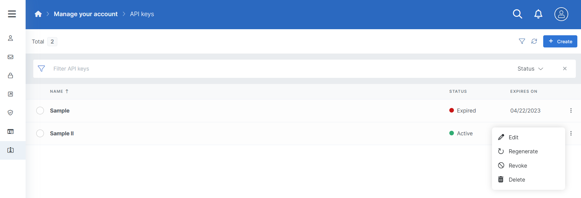 API KEY List view with context menu.png